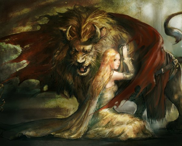 Anime picture 1280x1024 with original hage2013 long hair blonde hair sitting green eyes horn (horns) realistic teeth fang (fangs) werewolf girl dress detached sleeves animal monster lion manticore