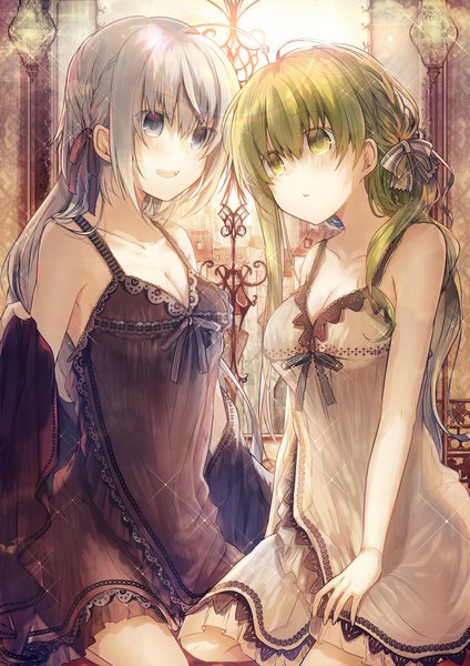 Anime picture 800x1133 with shiro seijo to kuro bokushi original cecilia (shiro seijo to kuro bokushi) haiselita aldridge teigi long hair tall image blush fringe breasts open mouth light erotic hair between eyes multiple girls green eyes looking away cleavage silver hair ahoge green hair