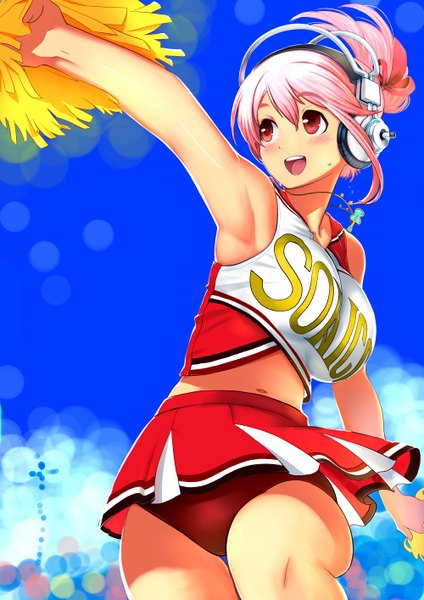Anime picture 1000x1414 with nitroplus super sonico twinpoo single tall image blush short hair open mouth light erotic red eyes bare shoulders pink hair pink eyes armpit (armpits) alternate hairstyle hair up cheerleader dancing girl skirt