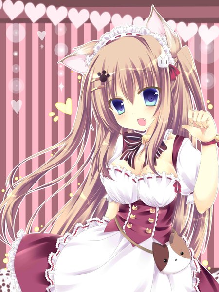 Anime picture 2448x3264 with nyanyahinaichigo single long hair tall image blush fringe highres breasts open mouth blue eyes brown hair animal ears cleavage cat ears teeth maid fang (fangs) girl uniform bow