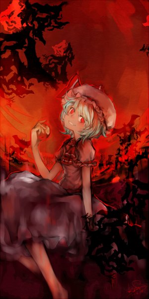 Anime picture 625x1250 with touhou remilia scarlet knickers (artist) tall image looking at viewer short hair blonde hair smile red eyes sitting signed red background girl dress animal bonnet fruit apple ascot bat