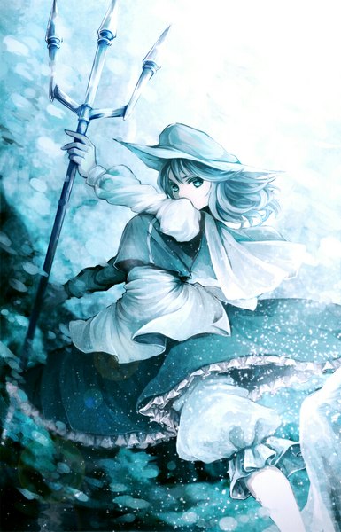Anime picture 720x1120 with touhou letty whiterock awa toka single tall image short hair blue eyes holding blue hair looking away snowing winter snow polychromatic girl dress headdress knickers trident
