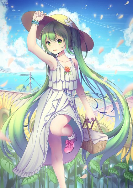 Anime picture 1000x1414 with vocaloid hatsune miku kr (sapphire) single tall image looking at viewer open mouth twintails very long hair aqua eyes aqua hair girl flower (flowers) hat petals sundress straw hat sunflower basket