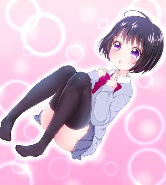 Anime picture 1047x1169 with original conone single tall image blush short hair open mouth black hair sitting purple eyes full body pink background girl thighhighs skirt uniform black thighhighs school uniform bowtie