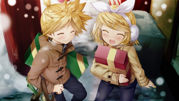 Anime picture 1920x1080 with vocaloid kagamine rin kagamine len daidou (demitasse) blush highres short hair open mouth blonde hair smile wide image eyes closed snowing winter snow exhalation girl boy hair ornament bow