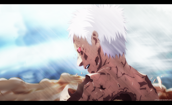 Anime picture 5000x3059 with naruto studio pierrot naruto (series) uchiha obito tobi x7rust single highres short hair red eyes wide image absurdres sky cloud (clouds) white hair profile looking back sunlight coloring letterboxed