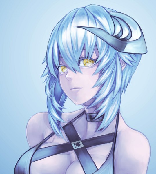 Anime picture 1070x1194 with original mstm single tall image looking at viewer short hair breasts bare shoulders yellow eyes cleavage horn (horns) aqua hair blue background face pale skin girl choker