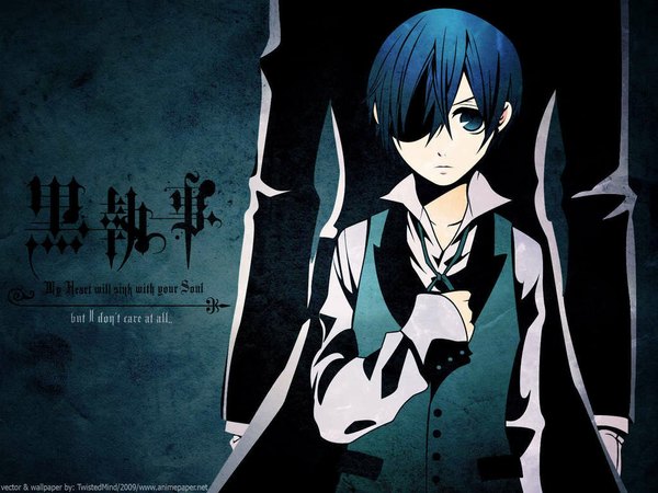 Anime picture 1024x768 with kuroshitsuji a-1 pictures sebastian michaelis ciel phantomhive blue eyes blue hair from behind back open collar back to back boy gloves necktie eyepatch vest suit