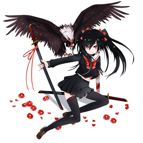 Anime picture 1000x1000 with original mizushirazu single long hair looking at viewer fringe black hair simple background smile hair between eyes red eyes white background sitting twintails bent knee (knees) from above bird on hand girl thighhighs navel