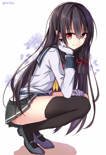 Anime picture 1132x1657 with kantai collection isokaze destroyer rin yuu single long hair tall image looking at viewer light erotic black hair simple background smile red eyes signed grey background arm support squat tress ribbon girl thighhighs skirt