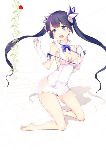 Anime picture 2894x4093 with dungeon ni deai wo motomeru no wa machigatteiru darou ka j.c. staff hestia (danmachi) z shichao single long hair tall image looking at viewer highres open mouth blue eyes light erotic twintails blue hair head tilt barefoot arms up bare legs shadow legs