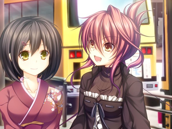 Anime picture 1024x768 with yurikago yori tenshi made echino-jael aria kangasa ume haruka natsuki short hair open mouth black hair smile multiple girls green eyes yellow eyes game cg red hair japanese clothes girl 2 girls kimono