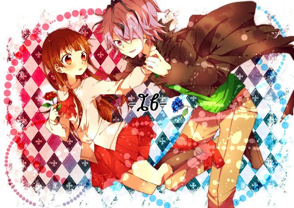 Anime picture 1200x848 with ib (game) garry (ib) ib (ib) long hair blush fringe short hair open mouth red eyes brown hair purple eyes purple hair hair over one eye inscription couple holding hands girl boy skirt flower (flowers)