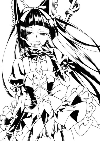 Anime picture 1063x1500 with gate - jieitai ka no chi nite kaku tatakaeri a-1 pictures rory mercury agahari single long hair tall image looking at viewer fringe simple background standing white background holding payot blunt bangs wind puffy sleeves finger to mouth monochrome lolita fashion