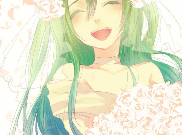 Anime picture 1152x855 with vocaloid hatsune miku inago single long hair open mouth smile eyes closed aqua hair lipstick girl dress flower (flowers) ribbon (ribbons) petals rose (roses) bouquet wedding dress