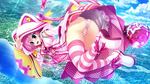 Anime picture 2560x1440 with sakigake generation! clochette benifuzi yuria oshiki hitoshi single long hair blush highres blue eyes light erotic smile wide image pink hair game cg ass flying girl thighhighs dress hair ornament