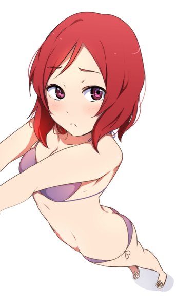 Anime picture 515x900 with love live! school idol project sunrise (studio) love live! nishikino maki icehotmilktea single long hair tall image blush fringe breasts light erotic red eyes standing looking away ass red hair from above bare legs shadow