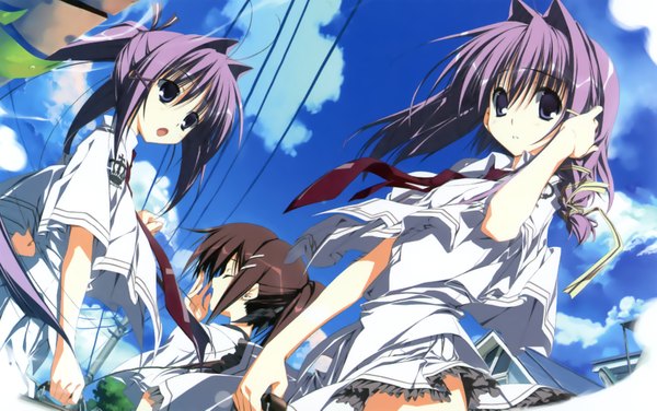 Anime picture 1650x1035 with subarashiki hibi keroq (studio) blue eyes brown hair multiple girls purple hair girl 3 girls