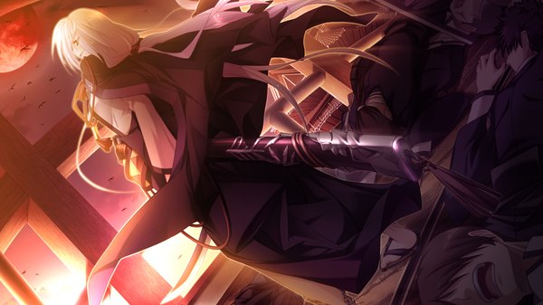 Anime picture 1280x720 with appare! tenka gomen katagiri hinata long hair smile red eyes wide image game cg white hair traditional clothes red moon girl weapon sword katana