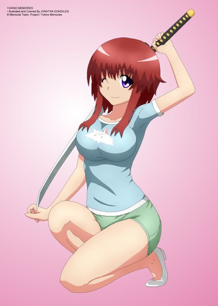 Anime picture 2400x3360 with zel-sama single tall image highres short hair purple eyes red hair one eye closed wink girl weapon sword katana cat t-shirt