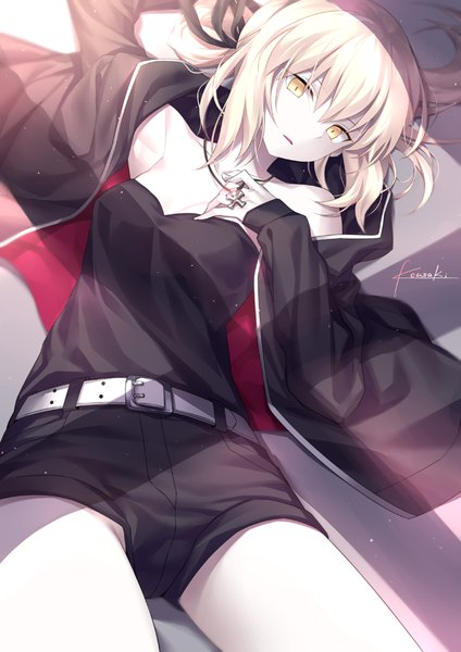 Anime picture 636x900 with fate (series) fate/grand order fate/stay night artoria pendragon (all) saber saber alter kousaki rui single long hair tall image looking at viewer light erotic blonde hair signed lying head tilt open jacket shadow armpit (armpits) on back