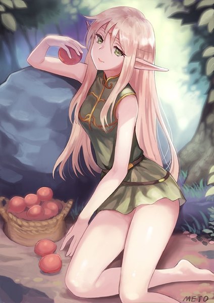 Anime picture 600x849 with record of lodoss war deedlit meto31 single long hair tall image looking at viewer fringe blonde hair smile hair between eyes holding green eyes signed ahoge bent knee (knees) outdoors head tilt barefoot pointy ears