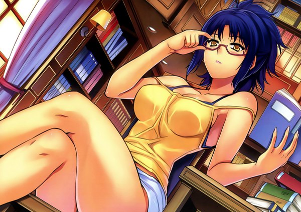 Anime picture 2259x1600 with freezing kim kwang hyun single blush highres short hair light erotic sitting yellow eyes blue hair crossed legs girl glasses window book (books) curtains table shelf bookshelf