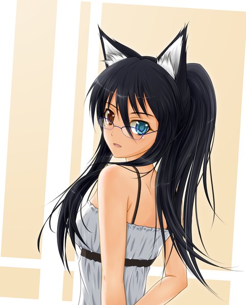 Anime picture 1100x1367 with midnight (artist) single long hair tall image black hair animal ears looking back cat ears heterochromia girl glasses