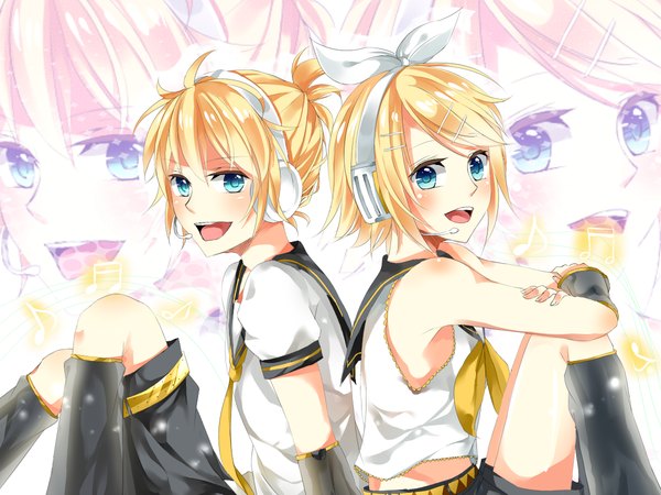 Anime picture 1200x900 with vocaloid kagamine rin kagamine len sayaka (ponkichi) short hair open mouth blue eyes blonde hair bare shoulders zoom layer back to back girl boy hair ornament detached sleeves headphones bobby pin