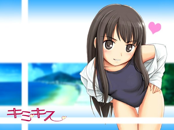 Anime picture 1024x768 with kimi kiss futami eriko tagme (artist) single long hair looking at viewer blush fringe black hair black eyes hands on hips girl swimsuit heart one-piece swimsuit school swimsuit