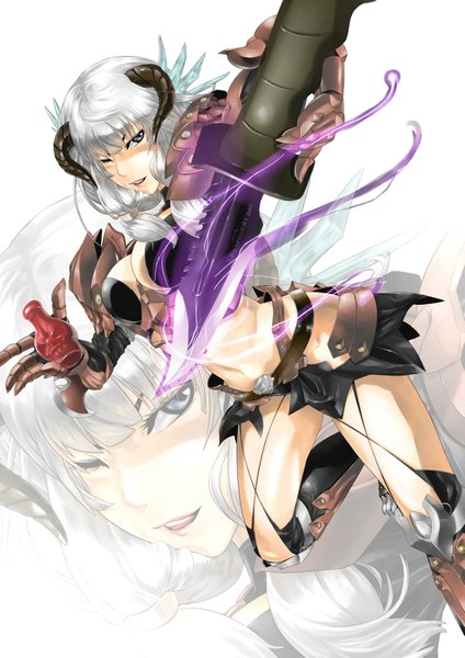 Anime picture 1297x1835 with ragnarok online guillotine cross kei (key1221) single long hair tall image fringe light erotic white background silver hair white hair one eye closed horn (horns) lips grey eyes girl gloves weapon dagger