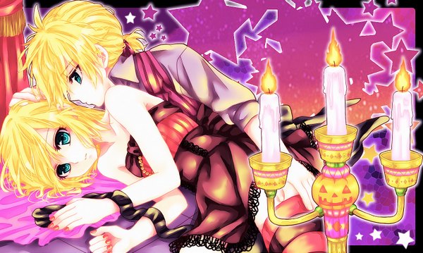 Anime picture 1420x850 with vocaloid kagamine rin kagamine len tagme (artist) short hair blue eyes blonde hair wide image lying nail polish incest twincest girl dress boy star (symbol) candle (candles)