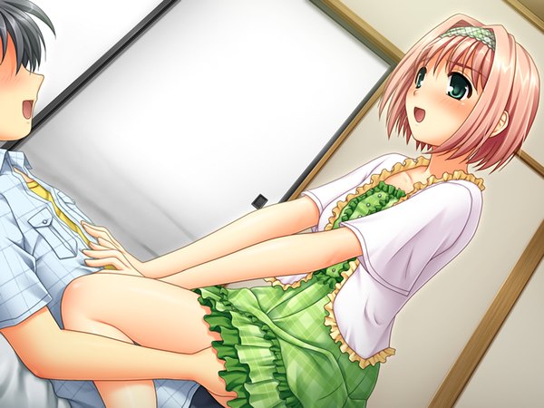 Anime picture 1200x900 with fukubiki! triangle shinonome futaba blush short hair open mouth green eyes pink hair game cg girl