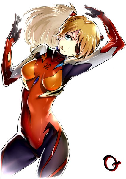 Anime picture 800x1131 with neon genesis evangelion rebuild of evangelion evangelion: 3.0 you can (not) redo gainax soryu asuka langley shikinami asuka langley twinpoo single long hair tall image blush breasts blue eyes simple background white background orange hair arms up covered navel :p girl