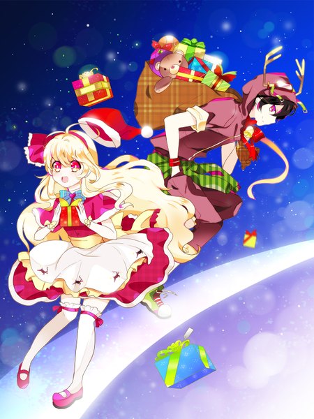 Anime picture 1240x1654 with kagerou project shaft (studio) mary (kagerou project) seto kousuke long hair tall image short hair black hair blonde hair purple eyes sky very long hair profile pink eyes horn (horns) alternate costume christmas wavy hair blue background hand in pocket