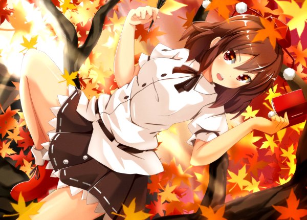 Anime picture 1200x860 with touhou shameimaru aya ok-ray single looking at viewer blush short hair open mouth red eyes brown hair girl skirt plant (plants) hat miniskirt shirt tree (trees) white shirt book (books) leaf (leaves)