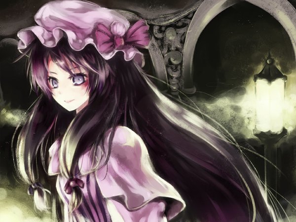 Anime picture 1000x750 with touhou patchouli knowledge childofa single long hair smile purple eyes purple hair girl bow bonnet lantern