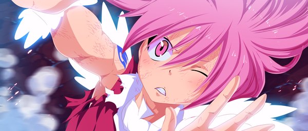 Anime picture 5150x2200 with fairy tail wendy marvell tongasart single long hair highres wide image pink hair absurdres one eye closed pink eyes wink tattoo coloring torn clothes smoke battle girl