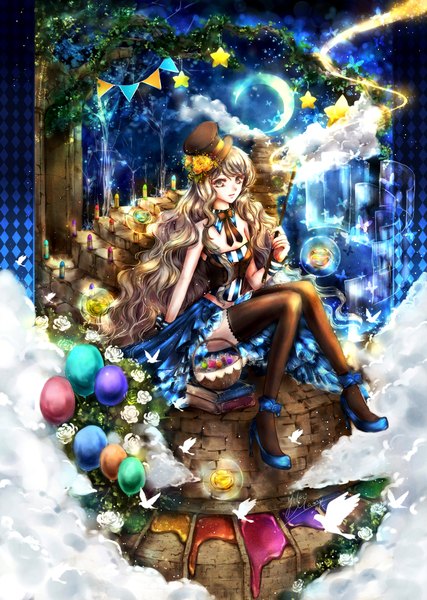 Anime picture 1422x2000 with original yuki mami single long hair tall image looking at viewer smile brown hair bare shoulders brown eyes cloud (clouds) lips midriff high heels curly hair girl thighhighs dress flower (flowers) ribbon (ribbons)