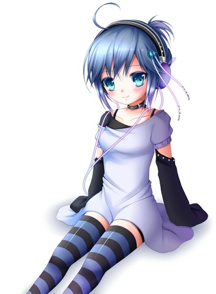 Anime picture 800x1087 with original shitou single tall image looking at viewer blush short hair blue eyes simple background smile white background blue hair ahoge girl thighhighs detached sleeves headphones striped thighhighs