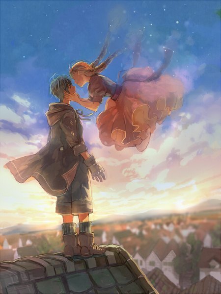 Anime picture 750x1000 with original pon-marsh long hair tall image fringe short hair black hair brown hair standing sky cloud (clouds) bent knee (knees) braid (braids) sunlight open clothes open jacket twin braids city cityscape mountain