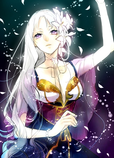 Anime picture 1300x1800 with original tayuya1130 long hair tall image fringe breasts purple eyes cleavage silver hair hair flower looking up dress hair ornament flower (flowers) petals bracelet pendant jewelry beads lily (flower)