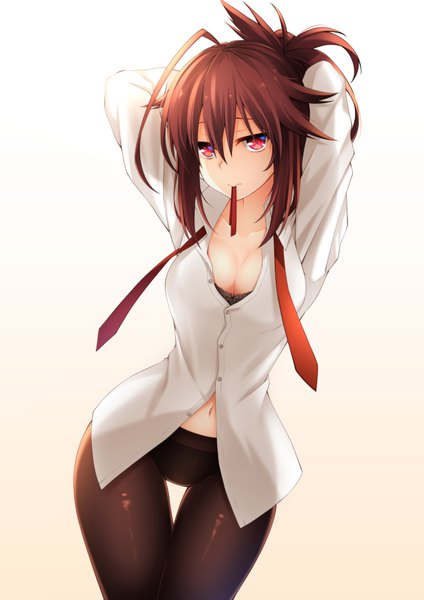Anime picture 707x1000 with original helther single tall image breasts light erotic simple background red eyes brown hair white background holding cleavage mouth hold adjusting hair girl shirt pantyhose white shirt black pantyhose