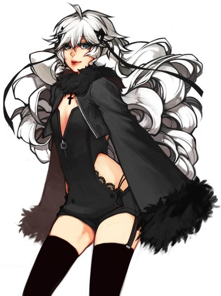 Anime picture 900x1204 with original camille myriad zentreza ippus single long hair tall image looking at viewer highres blue eyes standing white background cleavage long sleeves wavy hair girl thighhighs ribbon (ribbons) black thighhighs hair ribbon fur