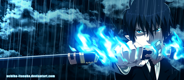 Anime picture 1600x698 with ao no exorcist a-1 pictures okumura rin uchiha-itasuke single short hair blue eyes black hair wide image sky cloud (clouds) pointy ears coloring magic rain boy weapon sword necktie katana