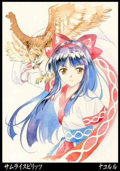 Anime picture 700x1002 with samurai spirits nakoruru mamahaha agahari single long hair tall image looking at viewer simple background white background brown eyes purple hair traditional clothes outstretched arm traditional media watercolor (medium) bird on hand girl bow hair bow