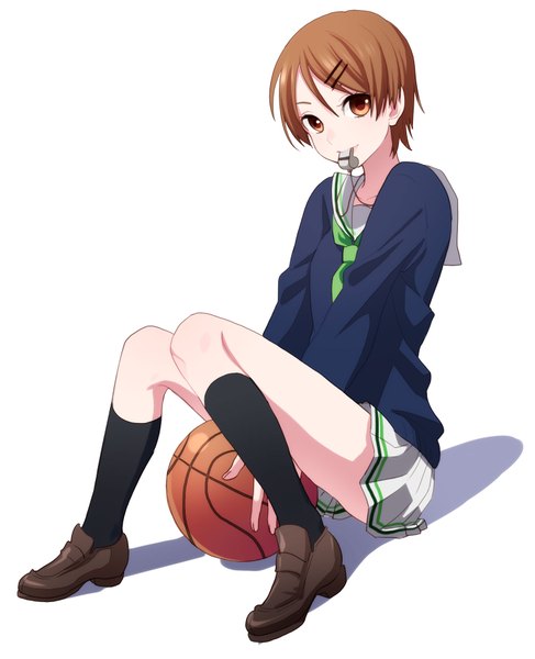 Anime picture 1499x1848 with kuroko no basket production i.g aida riko musco single tall image looking at viewer short hair simple background smile brown hair white background sitting brown eyes shadow bent over girl skirt uniform socks