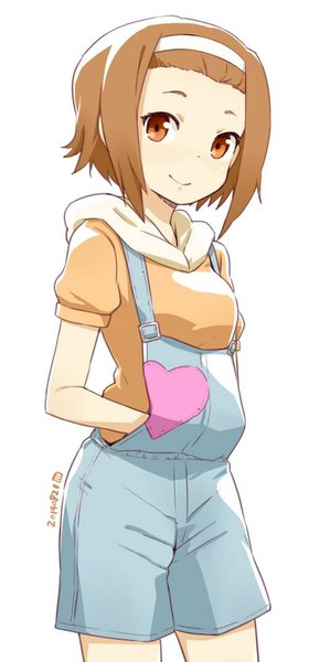 Anime picture 500x1069 with k-on! kyoto animation tainaka ritsu nagian single tall image looking at viewer short hair simple background smile brown hair white background signed girl hairband overalls