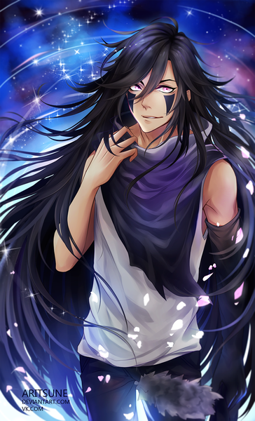 Anime picture 1000x1649 with original aritsune single long hair tall image fringe black hair hair between eyes pink eyes light smile from above sleeveless face paint messy hair adjusting clothes boy petals star (stars)