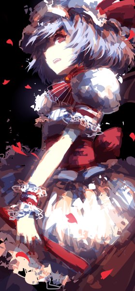 Anime picture 1233x2653 with touhou remilia scarlet prophet chu single tall image looking at viewer short hair red eyes purple hair bat wings vampire girl dress bow petals wings frills wrist cuffs bonnet
